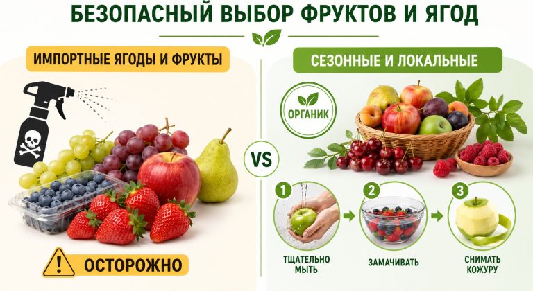 слева импортные ягоды и фрукты с символами пестицидной обработки, справа сезонные локальные фрукты, органическая маркировка, тщательное мытьё, замачивание и снятие кожуры