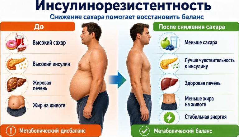 слева высокий сахар, высокий инсулин, жировая печень и накопление жира на животе, справа после снижения сахара — лучшая чувствительность к инсулину, стабильная энергия, меньше жира в печени и талии