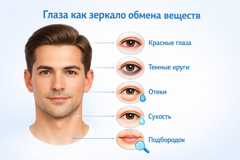 крупный спокойный портрет лица, рядом четыре мягкие подсказки — красные глаза, темные круги, отеки, сухость