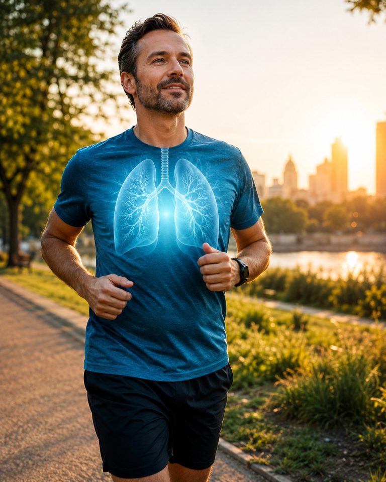 former smoker jogging slowly in a city park at sunrise, healthy breathing, fresh air, no cigarette
