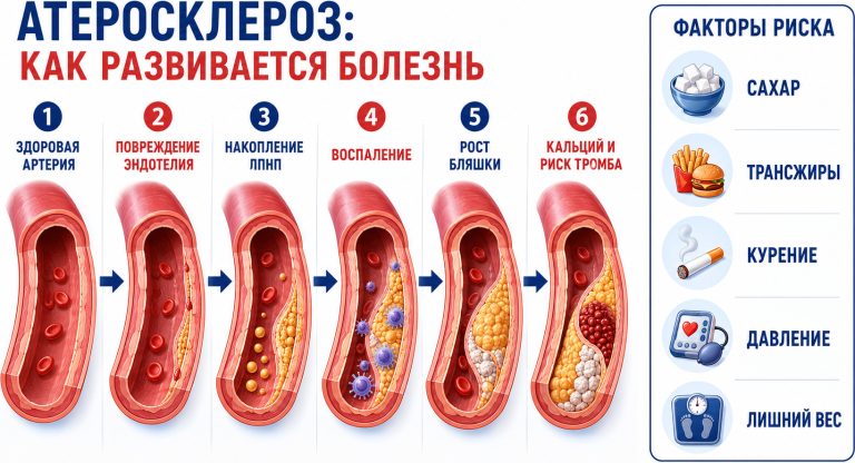 здоровая артерия, повреждение эндотелия, накопление LDL-холестерина, воспаление, рост бляшки, кальций и риск тромба; рядом факторы риска — сахар, трансжиры, курение, давление, лишний вес