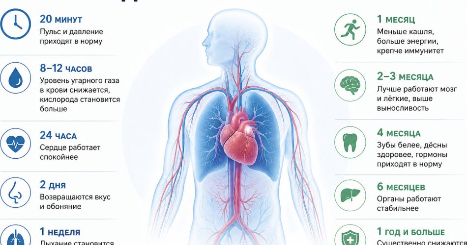human body silhouette with highlighted lungs, heart and blood vessels recovering after quitting smoking