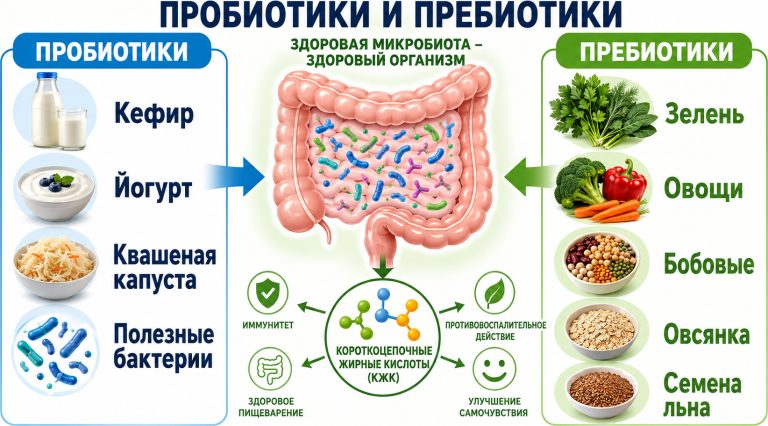 пробиотики — кефир, йогурт, квашеная капуста и полезные бактерии; справа пребиотики — зелень, овощи, бобовые, овсянка и семена льна; в центре кишечник, микробиота и короткоцепочечные жирные кислоты