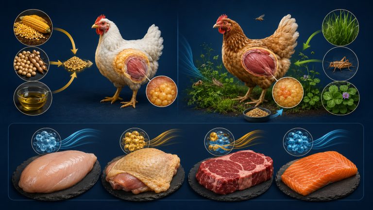 корм из кукурузы, сои и растительного масла направляется к птице, далее показано увеличение жировых капель с омега-6 в коже и тёмном мясе; справа птица с доступом к пастбищу, зелени и насекомым, но рядом также виден полноценный комбикорм, отдельно показаны постная грудка без кожи