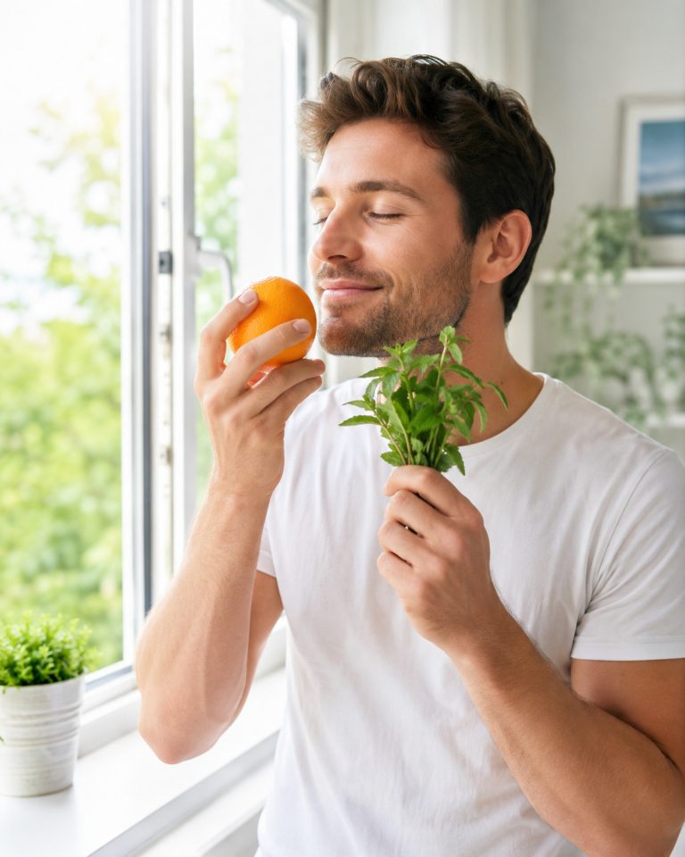 person smelling fresh orange and herbs near an open window, morning light, concept of taste and smell returning after quitting smoking