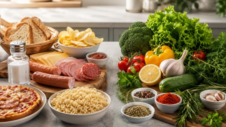 на кухонном столе, слева солонка и продукты со скрытой солью — хлеб, сыр, колбаса, соусы и полуфабрикаты, справа свежие овощи, зелень, лимон, чеснок и специи, визуальный контраст между избытком натрия и здоровым рационом