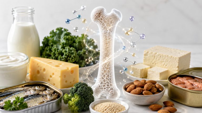 композиция с продуктами для крепких костей, молоко, натуральный йогурт, сыр, сардины с косточками, консервированный лосось, тофу, брокколи, листовая капуста, кунжут и миндаль, в центре полупрозрачная модель здоровой плотной кости, рядом визуализация кальция, витамина D