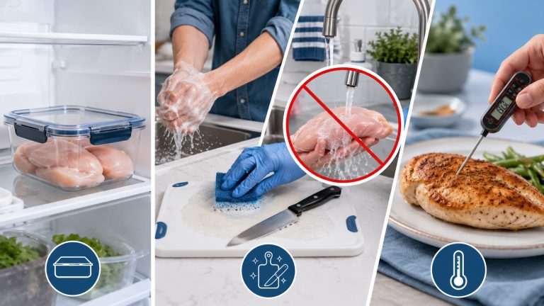 сырая куриная грудка хранится отдельно в закрытом контейнере, в центре человек моет руки и очищает отдельную разделочную доску и нож, перечёркнуто мытьё сырой курицы под краном, справа готовая куриная грудка проверяется кухонным термометром в самой толстой части и достигает безопасной температуры