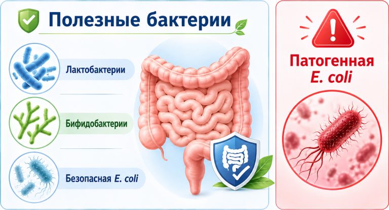 лактобактерии, бифидобактерии и безопасная E. coli как часть нормальной микробиоты, рядом отдельный блок с патогенным штаммом E. coli и предупреждающим сигналом