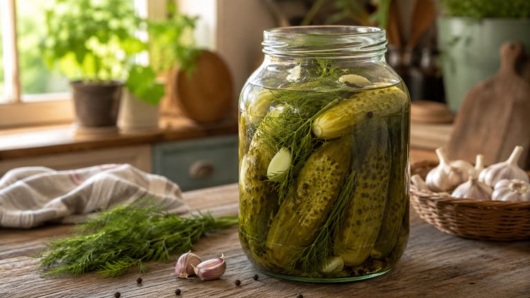 стеклянная банка с квашеными огурцами в рассоле, укроп, чеснок, горошины перца,