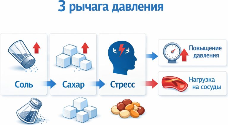 3 рычага давления»: соль, сахар, стресс; рядом стрелки к повышению давления и нагрузке на сосуды; спокойная медицинская палитра, белый фон, сине-красные акценты