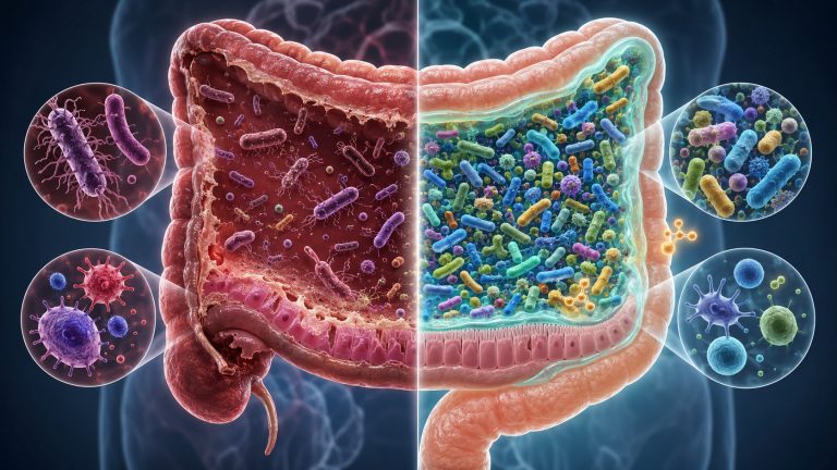 слева кишечник с бедной нарушенной микробиотой и патогенной C. difficile, справа после пересадки — разнообразные полезные бактерии вытесняют патоген, слизистый барьер становится крепче, светящиеся короткоцепочечные жирные кислоты и иммунный баланс