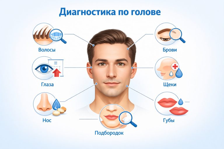 лицо человека в центре, вокруг аккуратные линии к зонам — волосы, брови, глаза, щеки, нос, губы, подбородок