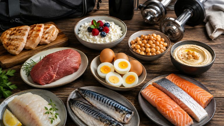 фотореалистичная раскладка шести продуктов для роста мышц на большом столе, куриная грудка, творог, вареный нут и хумус, нежирная говядина, яйца, несколько доступных видов рыбы — треска, скумбрия и горбуша, рядом спортивная сумка и гантели, современная журнальная фуд-фотография