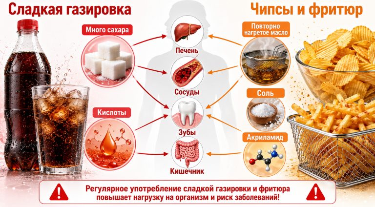 слева газировка с большим количеством сахара и кислотой, справа чипсы и картошка фри с повторно нагретым маслом, солью и акриламидом; рядом показаны печень, сосуды, зубы и кишечник как зоны нагрузки