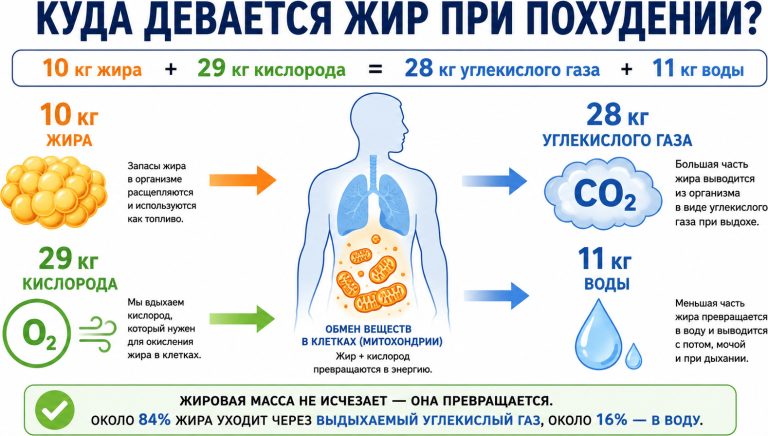 слева 10 кг жира и 29 кг вдыхаемого кислорода, по центру силуэт человека с лёгкими и митохондриями, справа 28 кг углекислого газа и 11 кг воды