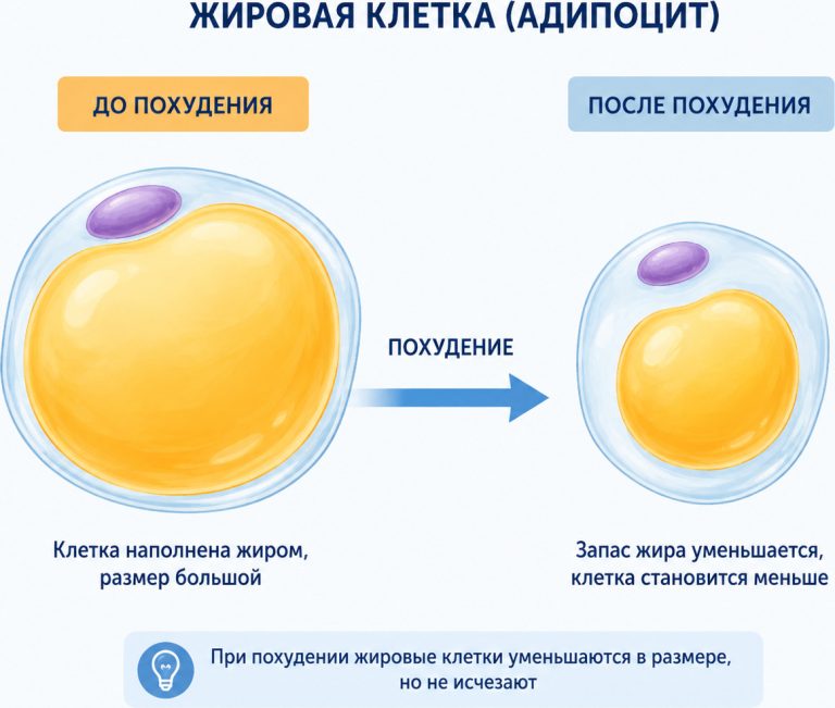 два адипоцита рядом, слева увеличенная жировая клетка с большим запасом триглицеридов, справа уменьшенная клетка после похудения, показать, что клетка становится меньше, а не исчезает
