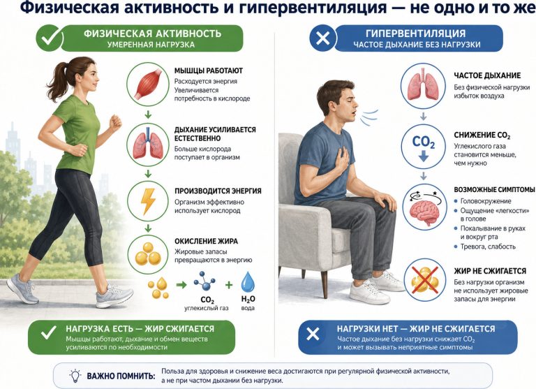 разделённая на две части: слева человек выполняет умеренную физическую нагрузку, мышцы расходуют энергию, дыхание усиливается естественно, показано окисление жира; справа человек просто часто дышит сидя, рядом символ головокружения и снижение CO₂