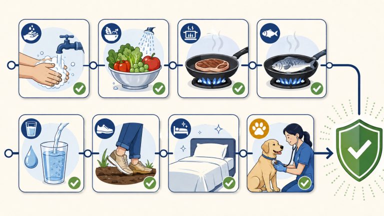 мытьё рук, чистые овощи и фрукты, приготовление мяса, хорошо приготовленная рыба, безопасная вода, обувь на почве, чистое постельное бельё, ветеринарный уход за домашним животным.