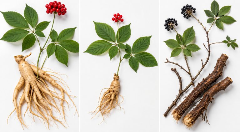 азиатский женьшень Panax ginseng со светлым мясистым корнем и красными ягодами, американский женьшень Panax quinquefolius с более компактным корнем и характерными листьями, элеутерококк Eleutherococcus senticosus с древесными корнями, колючими ветвями и чёрными ягодами