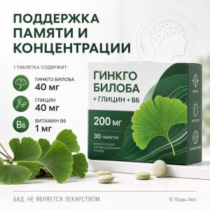 Гинкго билоба 40 мг + глицин + витамин B6 для памяти и концентрации — 30 таблеток