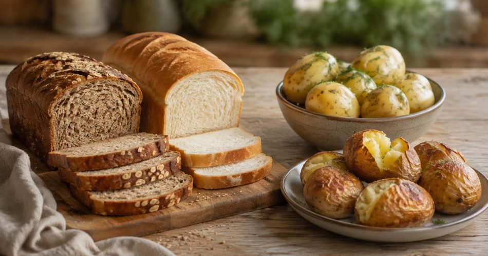 Цельнозерновой и белый хлеб рядом с варёным и запечённым картофелем
