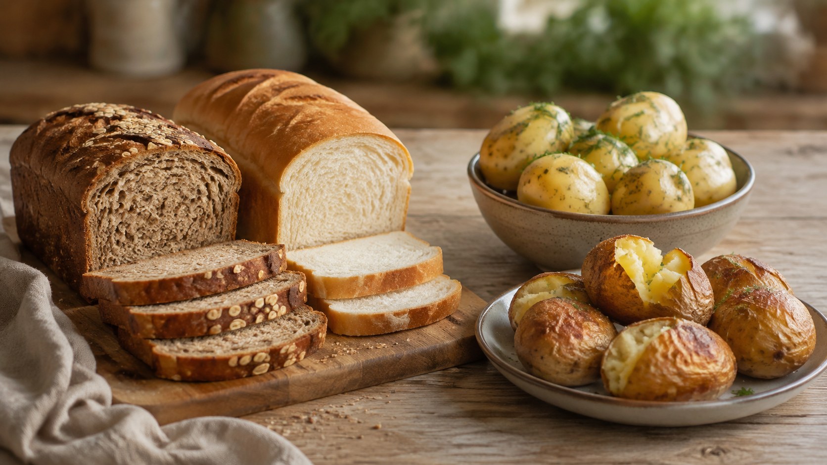 Цельнозерновой и белый хлеб рядом с варёным и запечённым картофелем