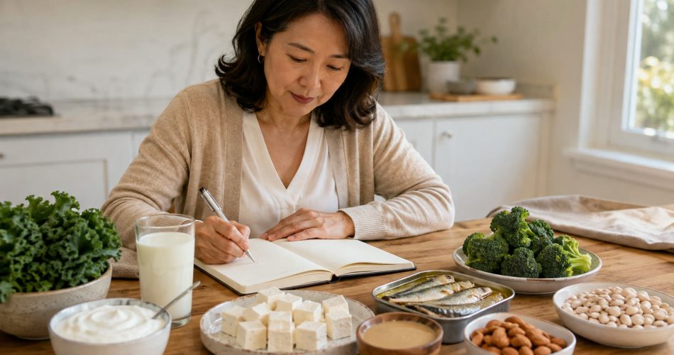 Продукты с кальцием и дневник питания на кухонном столе