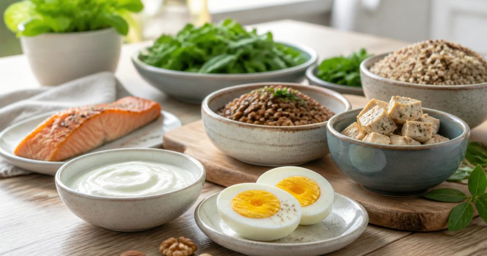Варёное яйцо рядом с рыбой, йогуртом, чечевицей и тофу