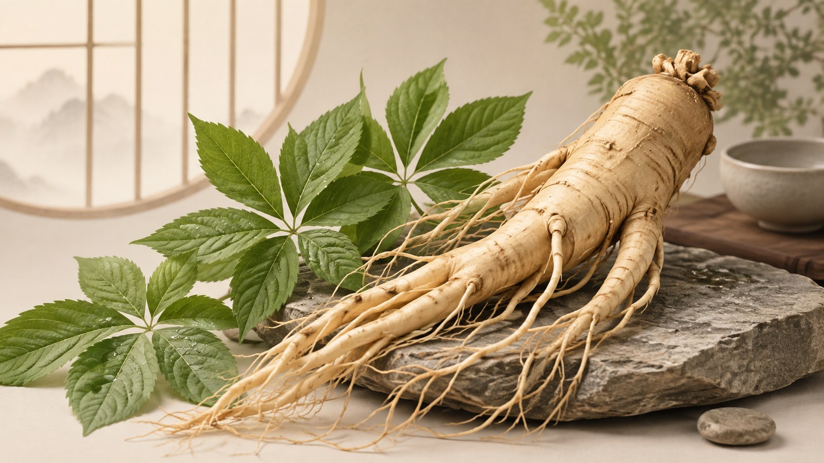Корень и листья женьшеня