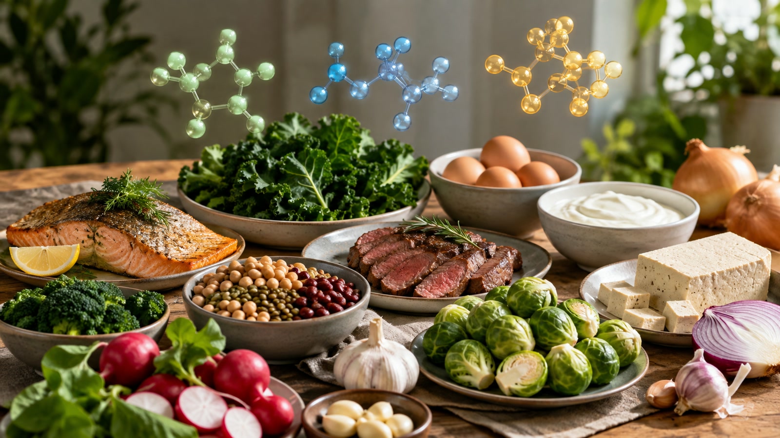 Белковые продукты, крестоцветные овощи, редис, чеснок и лук