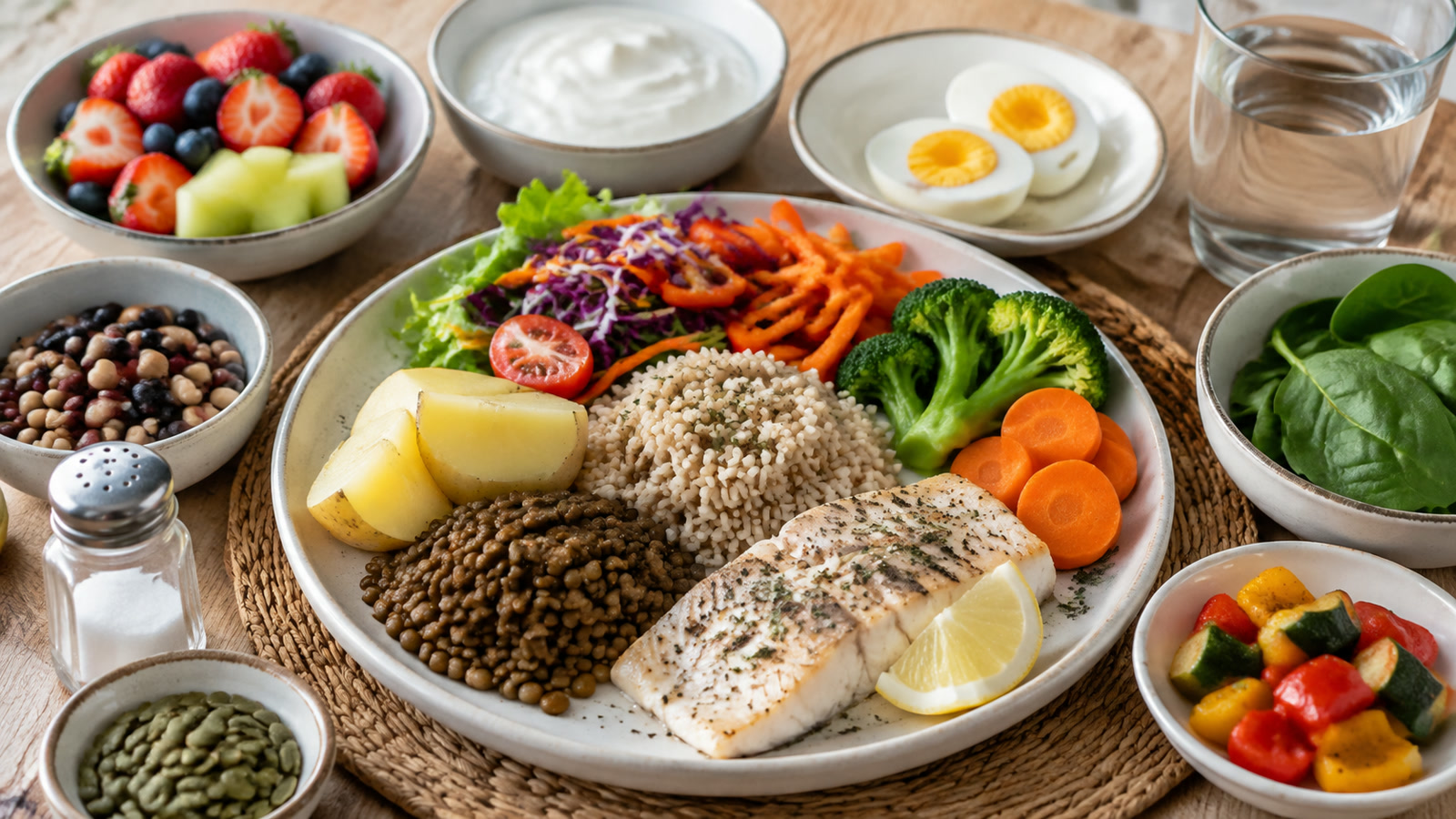 Разнообразная тарелка с белком, крупой, овощами, фруктами и молочными продуктами