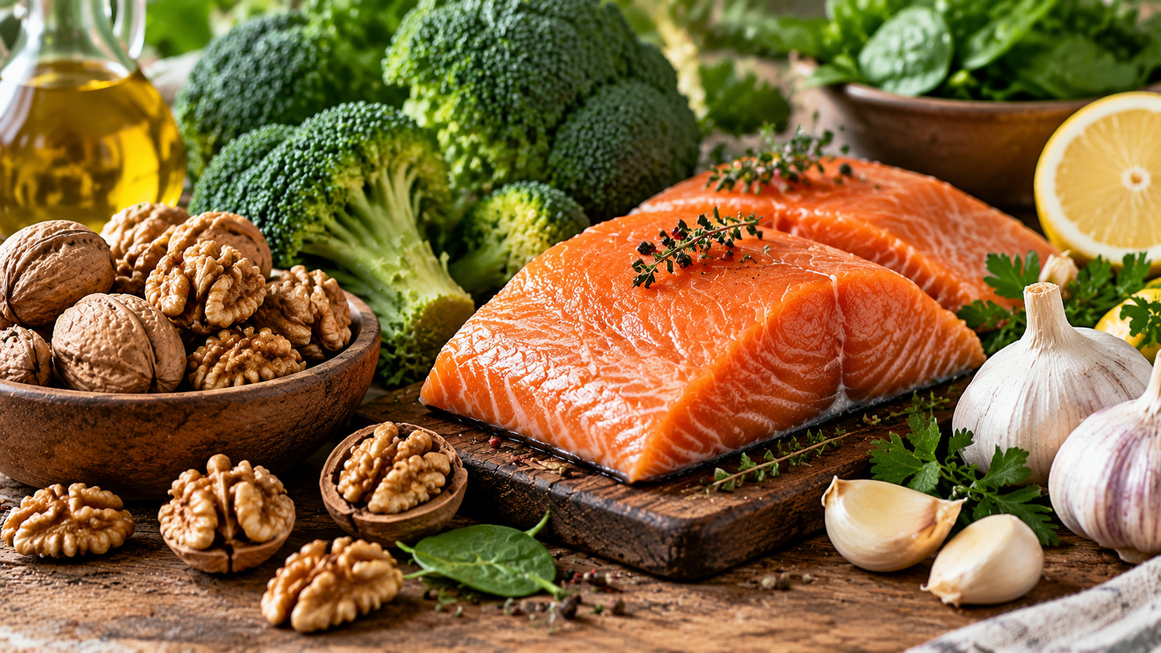 Продукты для сердца: грецкие орехи, лосось, брокколи, чеснок