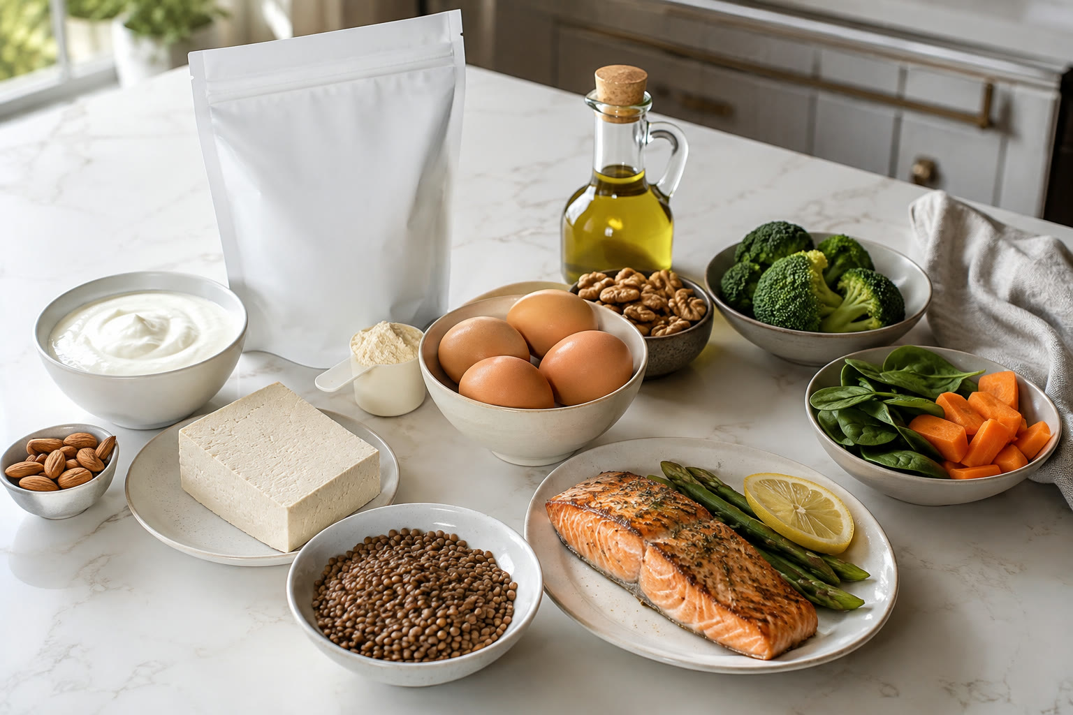 Обычные продукты и простой протеиновый порошок как источники белка