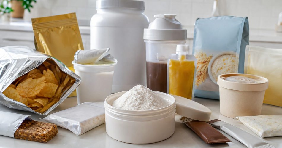 Разные продукты и добавки рядом с порошком мальтодекстрина