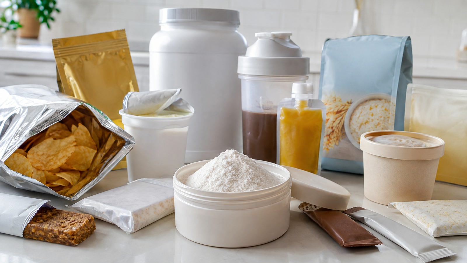 Разные продукты и добавки рядом с порошком мальтодекстрина