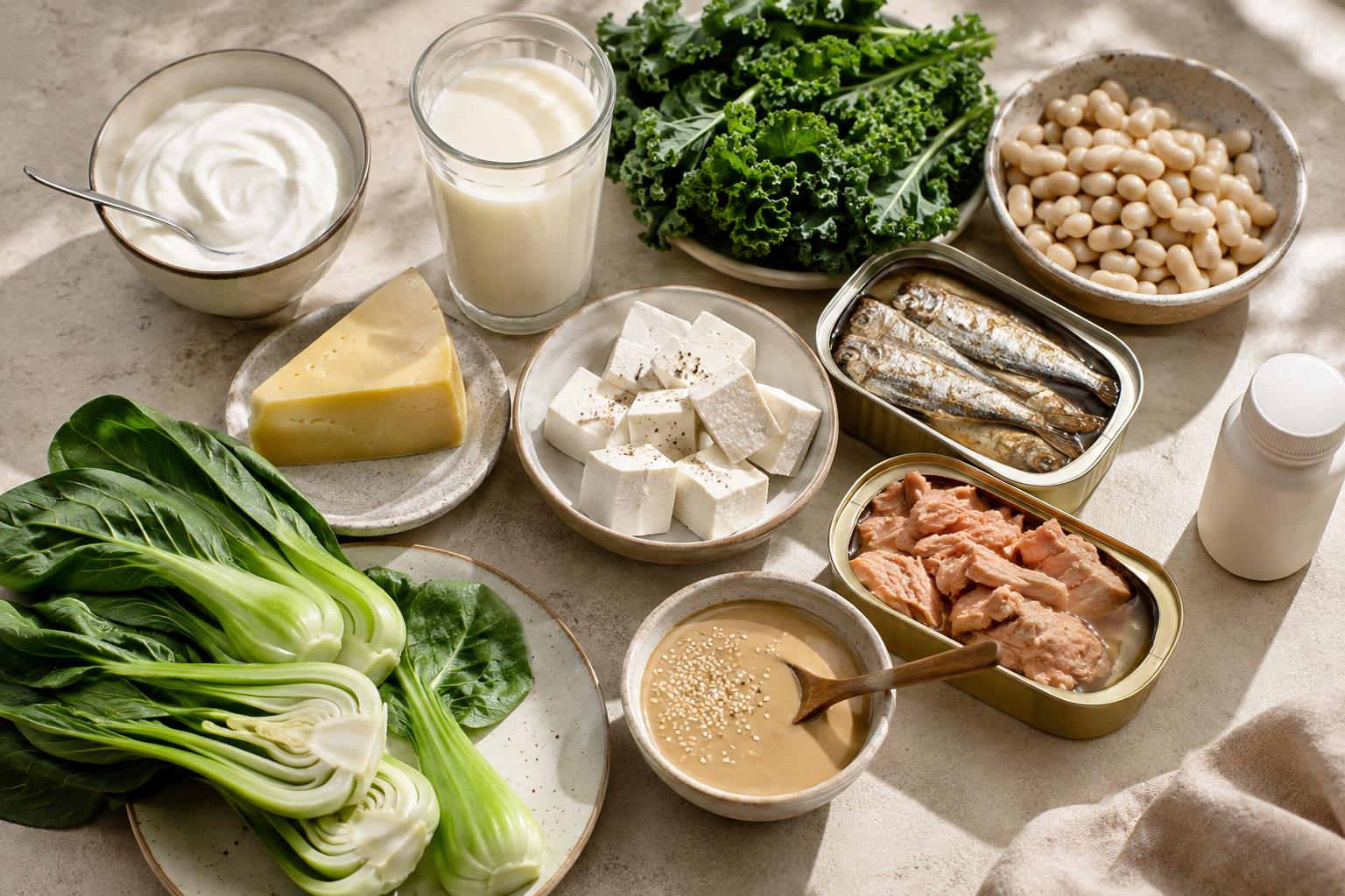Пищевые источники кальция — молочные продукты, рыба с костями, тофу, зелень и обогащённый напиток