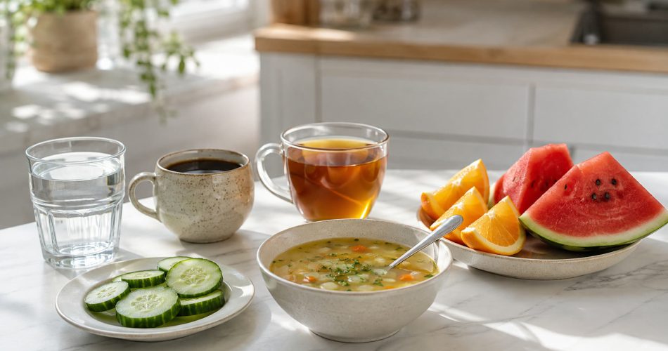 Вода, чай, кофе, суп и сочные продукты как источники жидкости