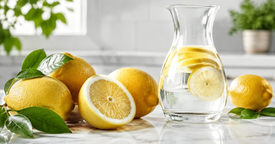 Свежие лимоны и кувшин воды с лимонными дольками